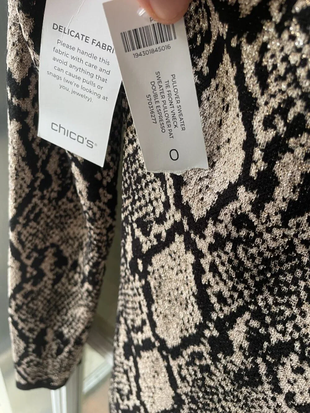 Chico’s Python Print Tie Neck Double Espresso Sweater-NWT
